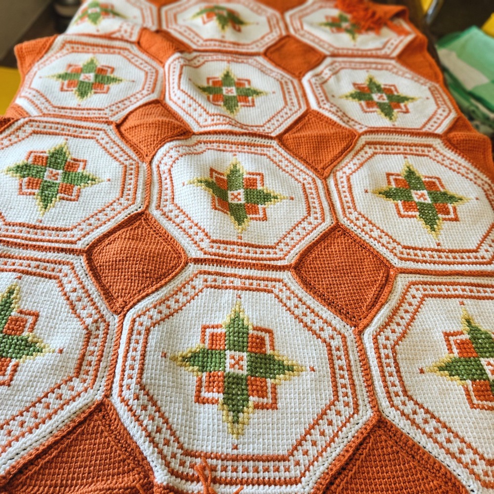 Vintage Handmade Crochet Afghan Blanket‎ Orange Green Tunisian Cross Stitch 70s